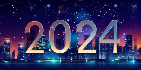 Happy New Year 2024. Beautiful night city background, AI generated