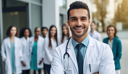 Arzt steht vor einer Gruppe anderer Ärzte und lächelt - obrazy, fototapety, plakaty