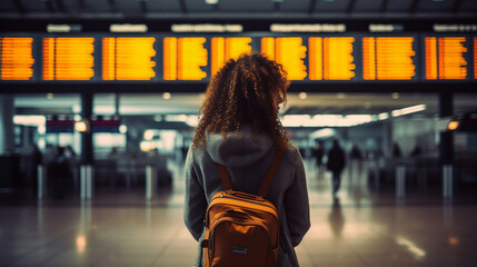 A black woman with an afro standing at the airport, flight schedule screens infront of her, travel, toursim, airplanes, black model, black lady - obrazy, fototapety, plakaty