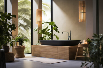 Japandi Design: A bathroom sanctuary featuring a deep Japanese soaking tub (Ofuro), complemented by Scandinavian light wood elements and green indoor plants.