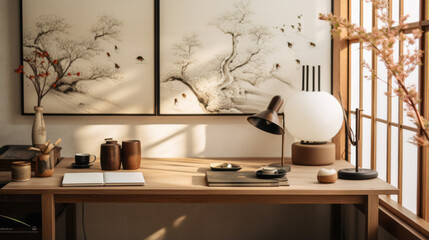 Japandi Design: A home office, wooden Scandinavian desk paired with a Japanese-inspired room divider made of rice paper.