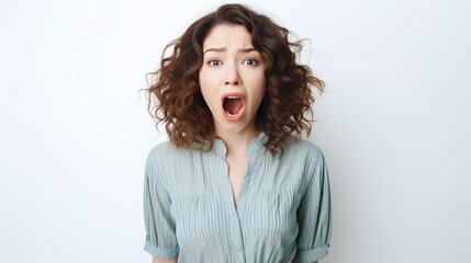 Obraz premium Surprised young woman isolated on white, screaming, WTF, furious, gossip, shocked concept, studio shot.