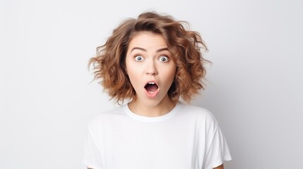 Surprised young woman isolated on white, screaming, WTF, furious, gossip, shocked concept, studio shot.