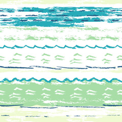 Sea waves. Crayon seamless pattern. Summer illustration, pastel colors background. Grunge print for textile, wallpaper, children's clothes. Hand drawn texture. Creative drawing for kids, fashion. - 651258572