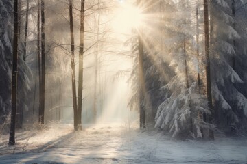 Fototapeta na wymiar Winter forest with frost and snow, sun rays penetrate through the trees