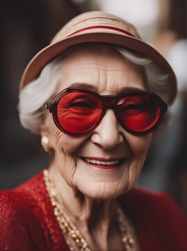 A fashionable elderly woman in red glasses. Generative AI.