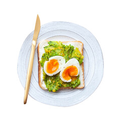 Avocado egg sandwich with a cup of hot cocoa. Healthy light breakfast concept. Whole grain toasts with mashed avocado and fried eggs and pumpkin seeds