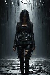 a woman in a black leather jacket - 651259370