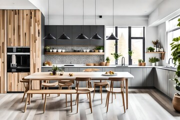 Modern Scandinavian open concept kitchen and dining room with plenty of natural light