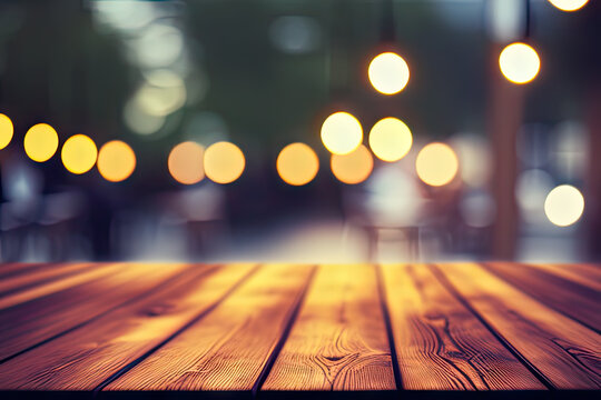 bokeh lights blurred background of open empty wooden table and air cage