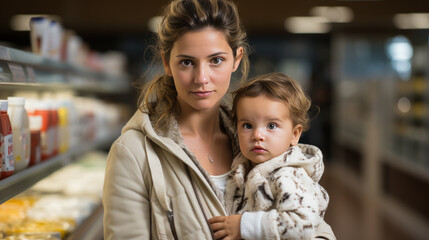 Emotional portrayal of a relieved mom finding the much-needed milk in a supermarket aisle, capturing pure expressions of comfort and gratification.
