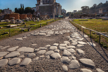 Well-preserved Roman road Via Sacra on Roman Forum, Rome, Italy