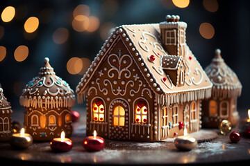 Obraz premium Christmas gingerbread house with icing on a blurred background 1