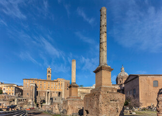 Ruins on the Roman Forum with Column of Phocas and Curia in the foreground, Rome, Italy
