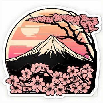 mount fuji cherry blossom sunset scene clip art preview