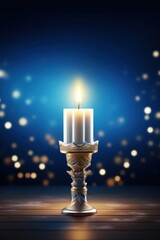 concept Hanukkah. Jewish holiday of lights. free space for invitation, poster. lighted candle. blue background glitter
