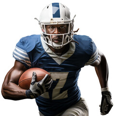 A black American football player with dreadlocks in a white and blue helmet and uniform runs with a ball in his right hand. Isolated by transparent background