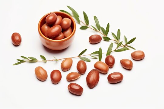 Argan seeds isolated on a white background. Argan oil nuts with plant. Cosmetics and natural oils background, Generative AI 
