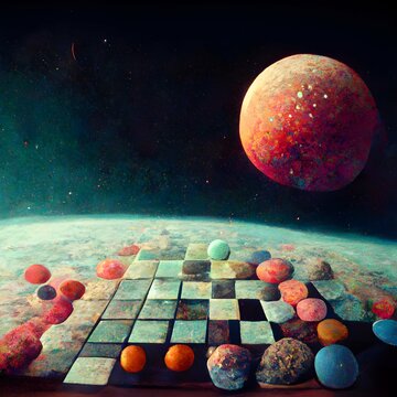 dieties playing cosmic checkers Planets as pieces Surreal 