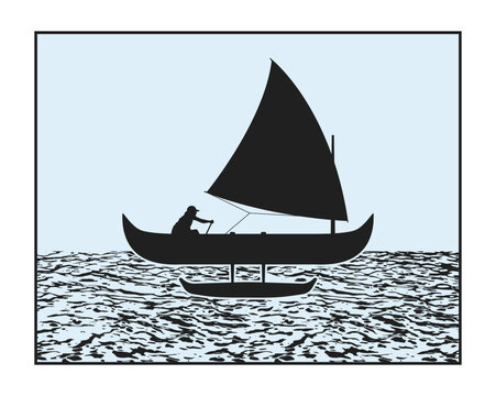 recommend clip art: Outrigger canoe with a sail vector. Proa sailboat silhouette in the sea.