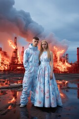 a man and woman standing in front of a factory - 651263379