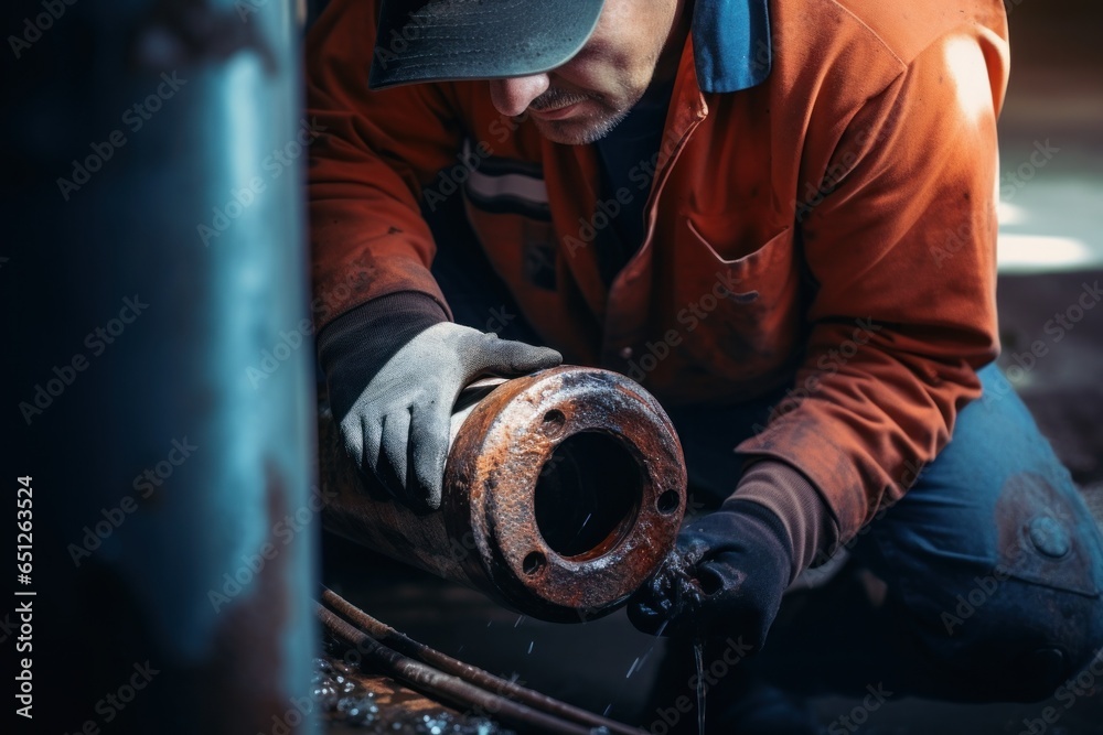 Poster a man wearing an orange jacket is seen diligently working on a pipe. this image can be used to depic