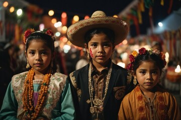 Three mexican girls with traditional costume and many candles around at the night of the dead celebration