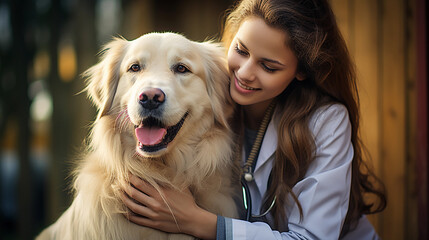 Young female veterinary doctor taking care of a golden retriever dog in her pet clinic, hugging the...