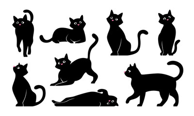 Variants of cat poses. Vector set of black cat, felines, illustration isolated on white.