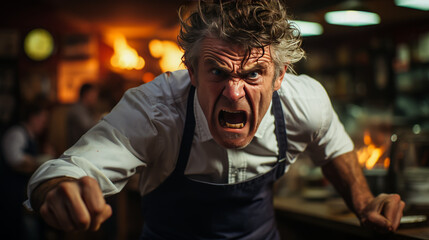 Captivating image of an angry Irish chef expressing intense frustration in the kitchen, knife in hand amidst pots and culinary elements.
