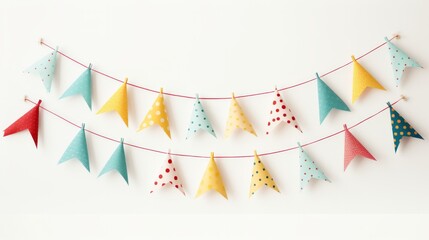 Festive garland, flags, colored paper signs for birthday parties
