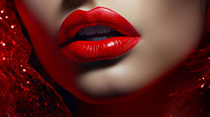 Close up portrait of. a red glossy wet lips,  shinny red colored with open mouth
