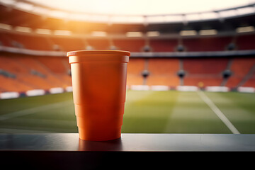 Orange empty plastic cup for beverage with copy space for mockup standing on blurred sport stadium...