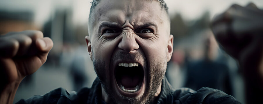 Football sport fan with face with aggression yells in people crowd outside of stadium close up view