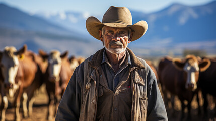 Captivating, seemingly bewildered rancher in Durango, Colorado conveys a mix of confusion and wonder amid pastoral farmland with horse and livestock. - obrazy, fototapety, plakaty