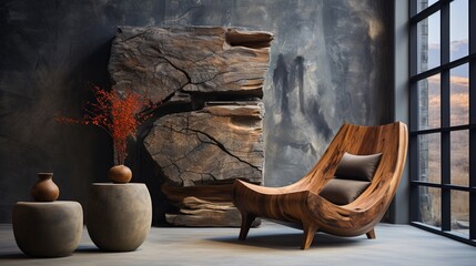 A rustic handcrafted chair made from a tree trunk stands against a concrete wall with an abstract wooden decor piece, contributing to the loft home interior design of the modern living room