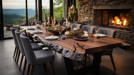 Fototapeta na wymiar A rustic live edge dining table and wooden chairs enhance the interior design of the modern dining room in a country house, creating a warm and inviting atmosphere