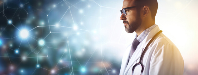 A doctor with a stethoscope in profile on a modern futuristic background.