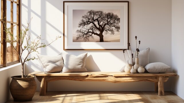 A rustic old wood log bench stands near a white wall with an art poster frame, contributing to the boho interior design of the modern living room in a farmhouse