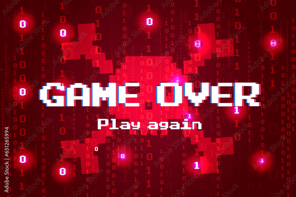 Poster Game Over. red binary code. Sci-fi screen background red binary code computer language data transfers. 8 bit computer game in pixel art style.