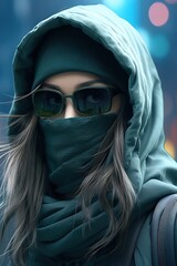 a woman wearing a hood and sunglasses