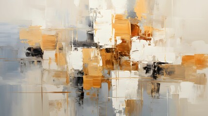 Closeup of abstract rough white gold art painting texture, with oil acrylic brushstroke, pallet knife paint on canvas, geometric spatula technique with rectangles
