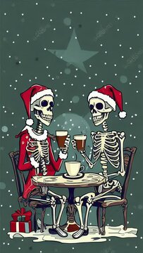 Two skeletons dressed in Santa Claus red hats are sitting at a table, holding coffee cups and surrounded by festive gifts. Concept: time changes and passes during the Christmas festivities