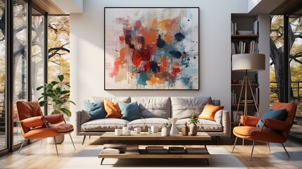 An art poster frame graces the white wall above a gray bench, enhancing the mid-century interior design of the modern living room