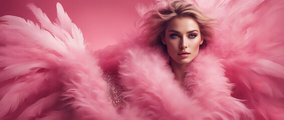 Portrait of a woman in pink fur. Generative AI.