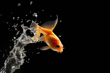 Goldfish in water close up, black background