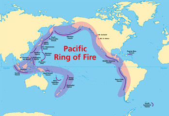 Pacific Ring of Fire, map with oceanic trenches. Also known as Rim of Fire, and as Circum-Pacific Belt. Region around the rim of the Pacific Ocean, where many volcanic eruptions and earthquakes occur. - 651267561