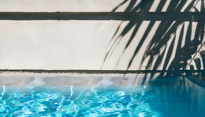 Tropical summer background with concrete wall, pool water and palm leaf shadow.