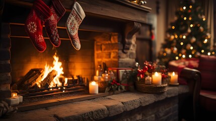 Christmas holiday winter time home greeting card - Feet in wool socks, fireplace in the background

