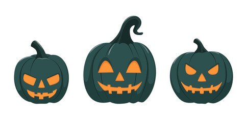 Set of blue Halloween smiling pumpkins. Template for autumn decorative design. Cartoon flat style